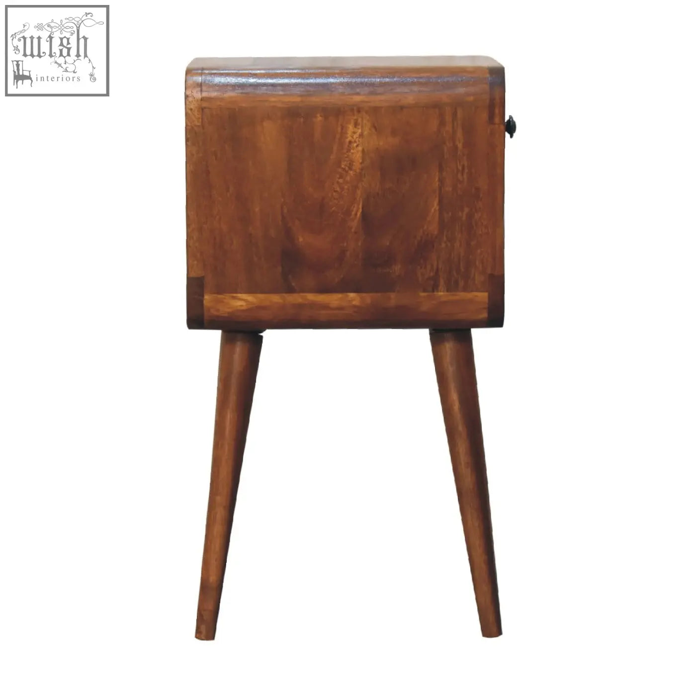 A sleek mini chestnut curve wooden nightstand with tapered legs and rich brown finish perfect as a curve lower bedside table