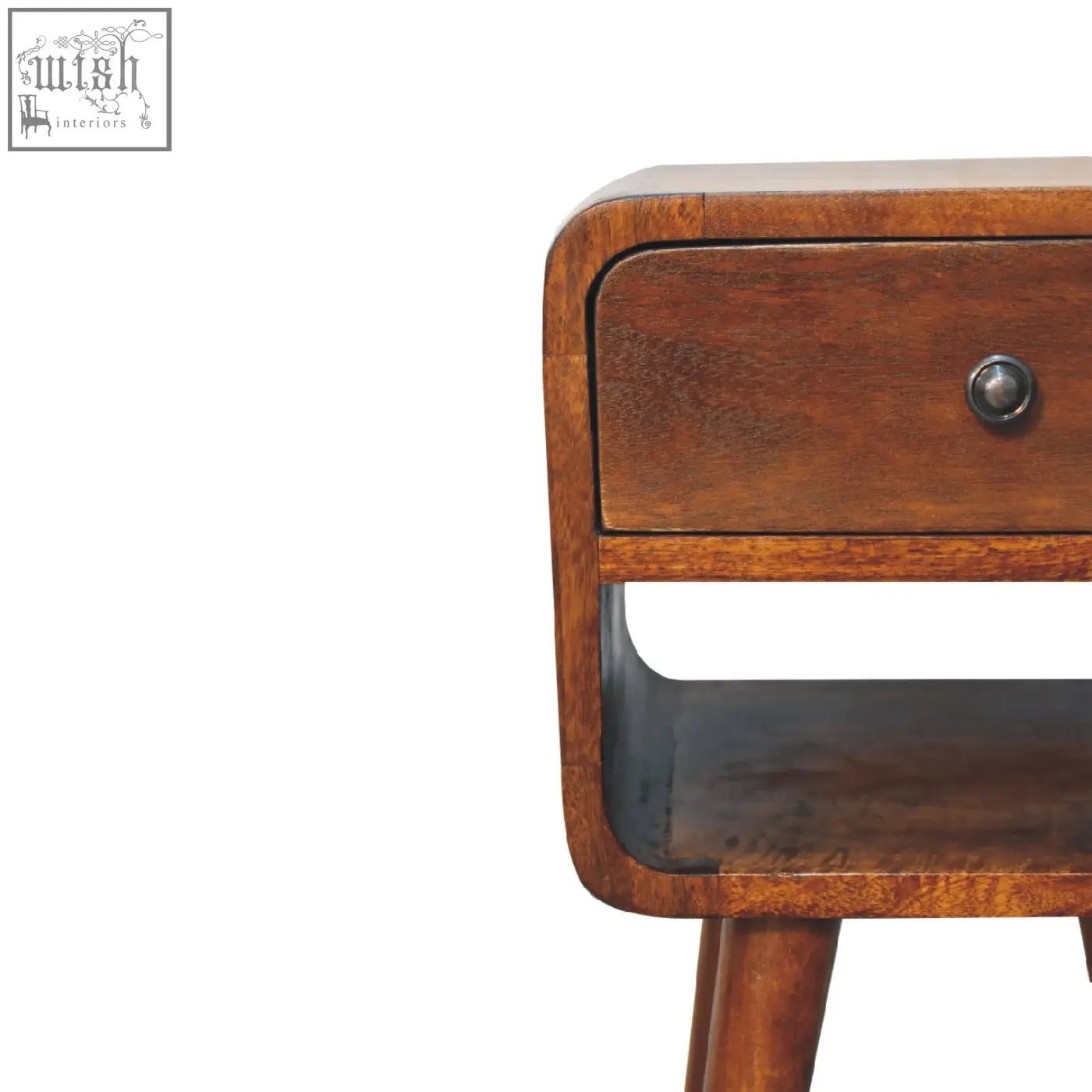 Warm brown wooden mini chestnut curve bedside table with single drawer and curved legs for bedroom use