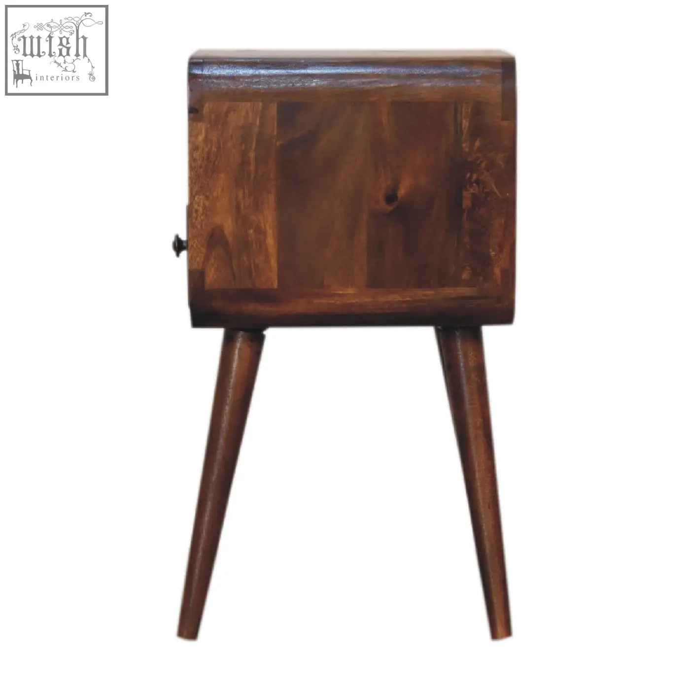 Dark brown wooden mini chestnut curve open bedside table with single drawer and tapered legs for bedroom use