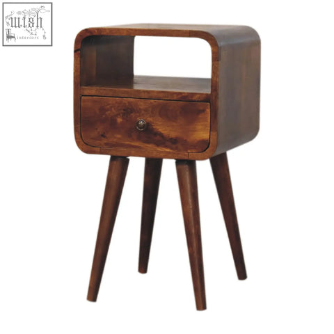 A sleek dark brown wooden mini chestnut curve open bedside table with curved top and tapered legs