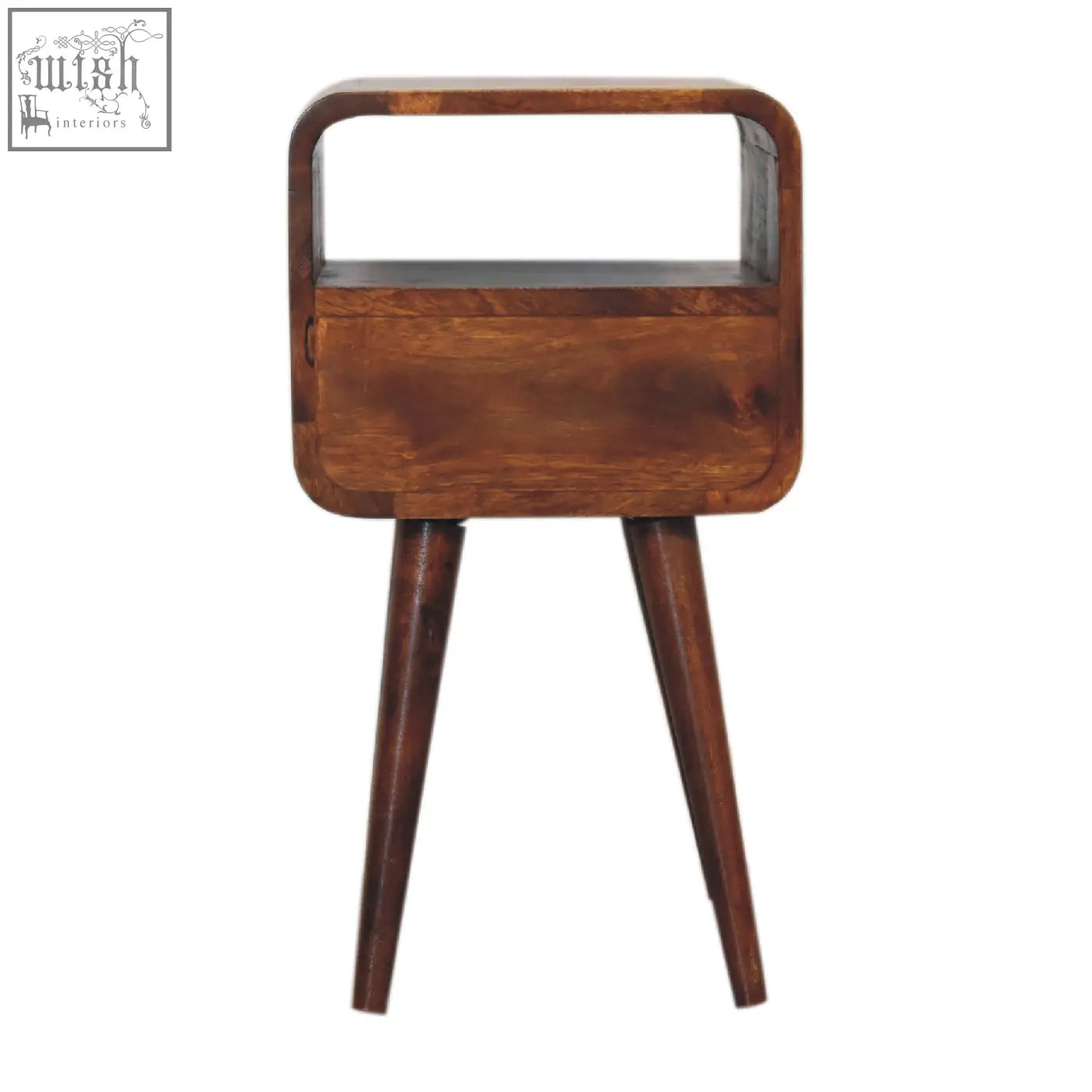 A sleek mini chestnut curve open bedside table in dark brown wood with tapered legs and smooth finish