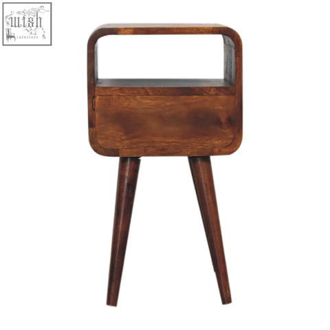 A sleek mini chestnut curve open bedside table in dark brown wood with tapered legs and smooth finish