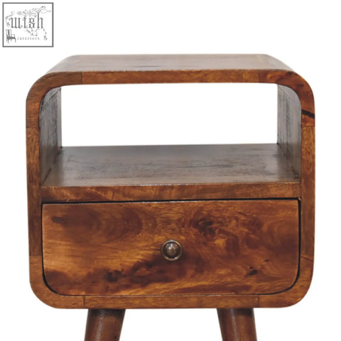 Mini chestnut curve wooden nightstand with curved top and tapered legs perfect as a chestnut curve open bedside table