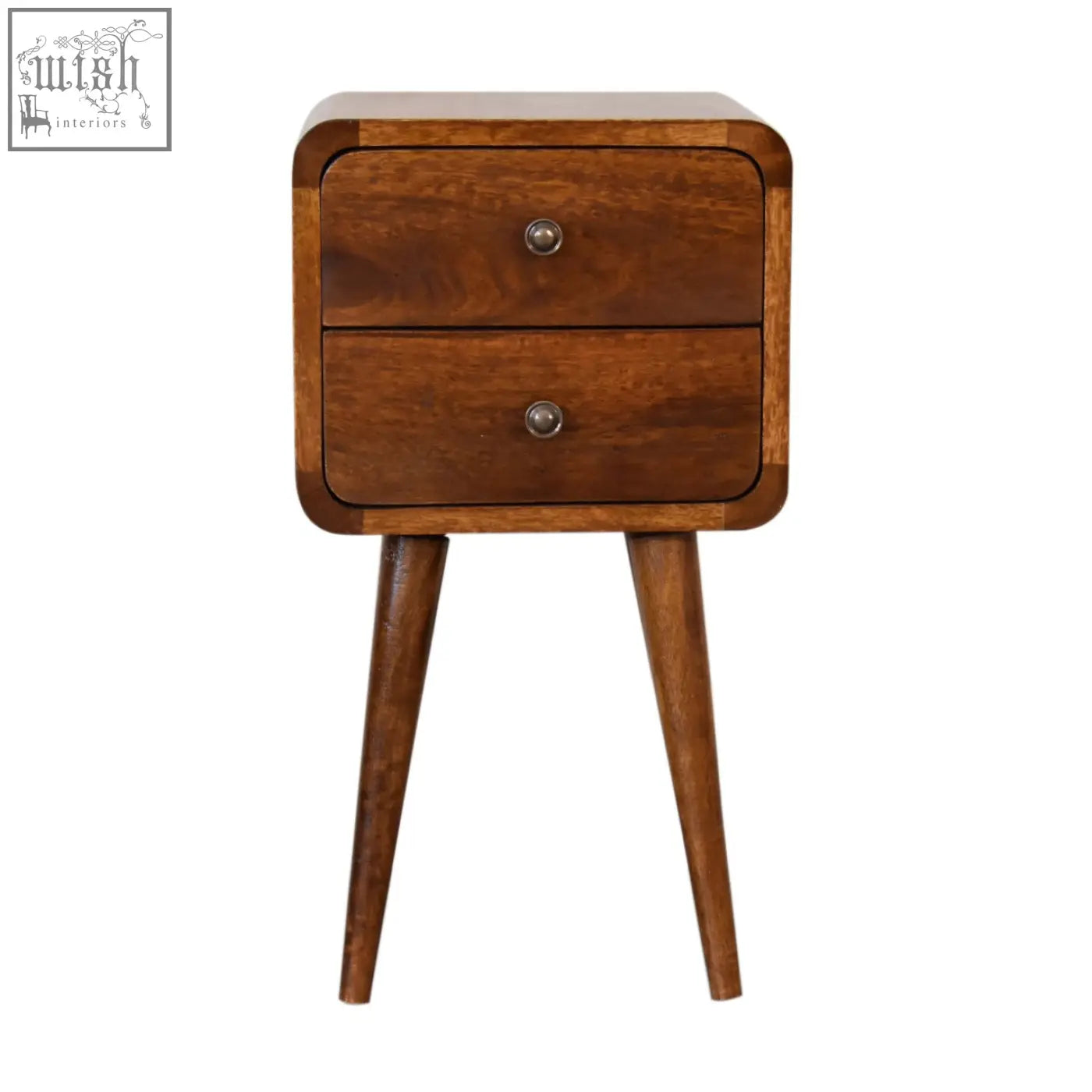 A mid-century modern mini chestnut curved bedside table made of solid mango wood with two drawers and tapered legs