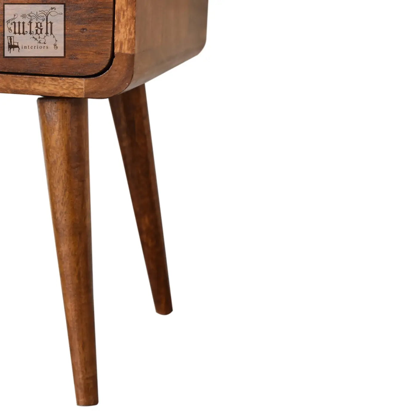 Mini chestnut curved bedside table in solid mango wood with tapered legs and warm brown finish for bedroom use