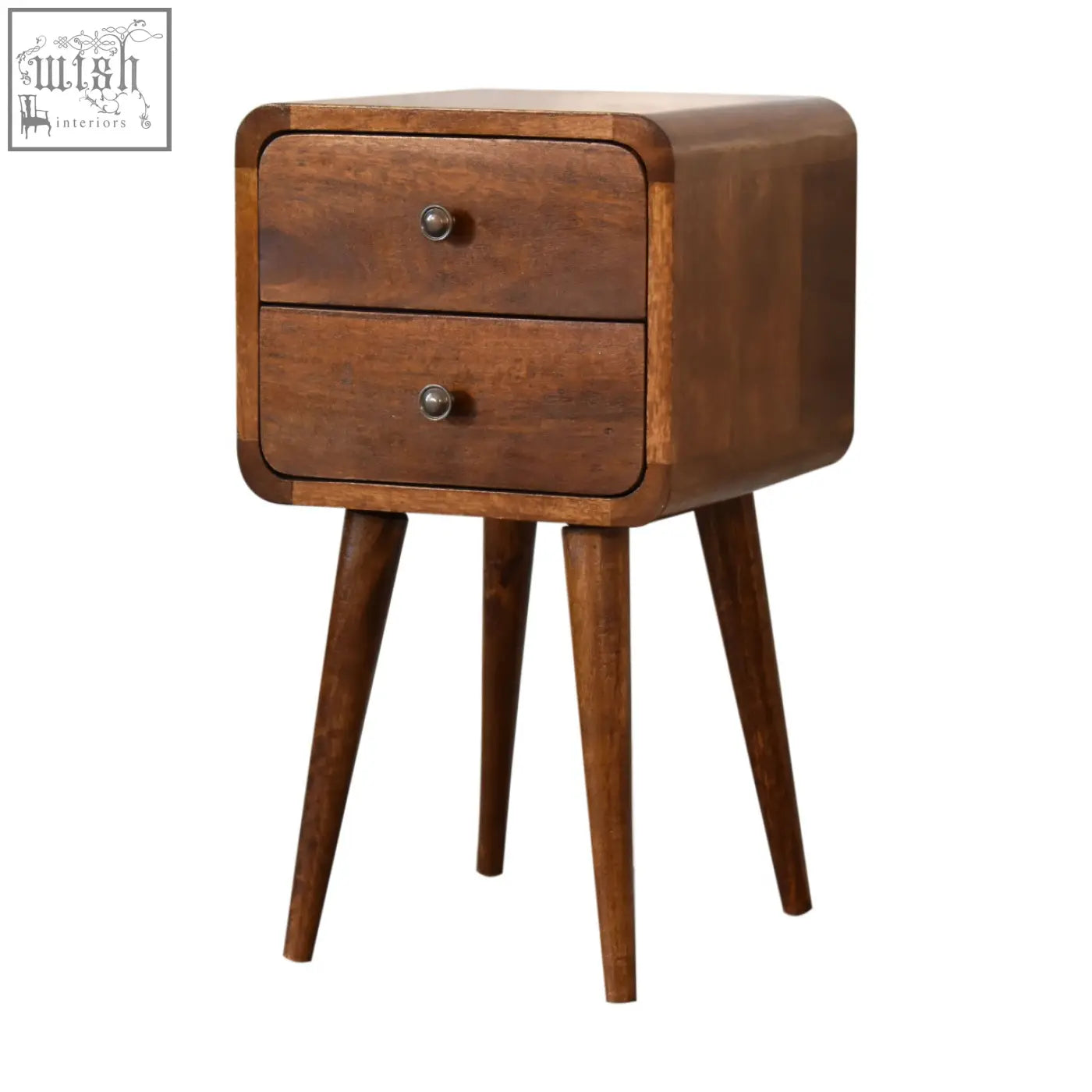 A sleek dark brown mini chestnut curved bedside table made of solid mango wood with two drawers and tapered legs