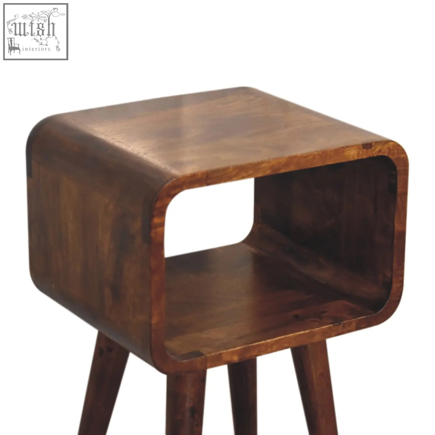 Mini chestnut curved dark brown wooden side table with sleek modern design and three angled legs for bedside use