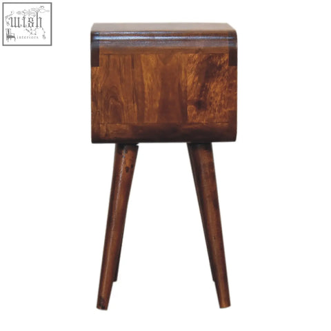 A dark brown wooden mini chestnut curved open bedside table with a rectangular top and tapered legs