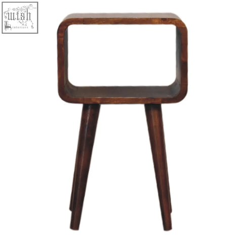 Dark brown wooden mini chestnut curved open bedside table with rectangular open-top design and tapered legs