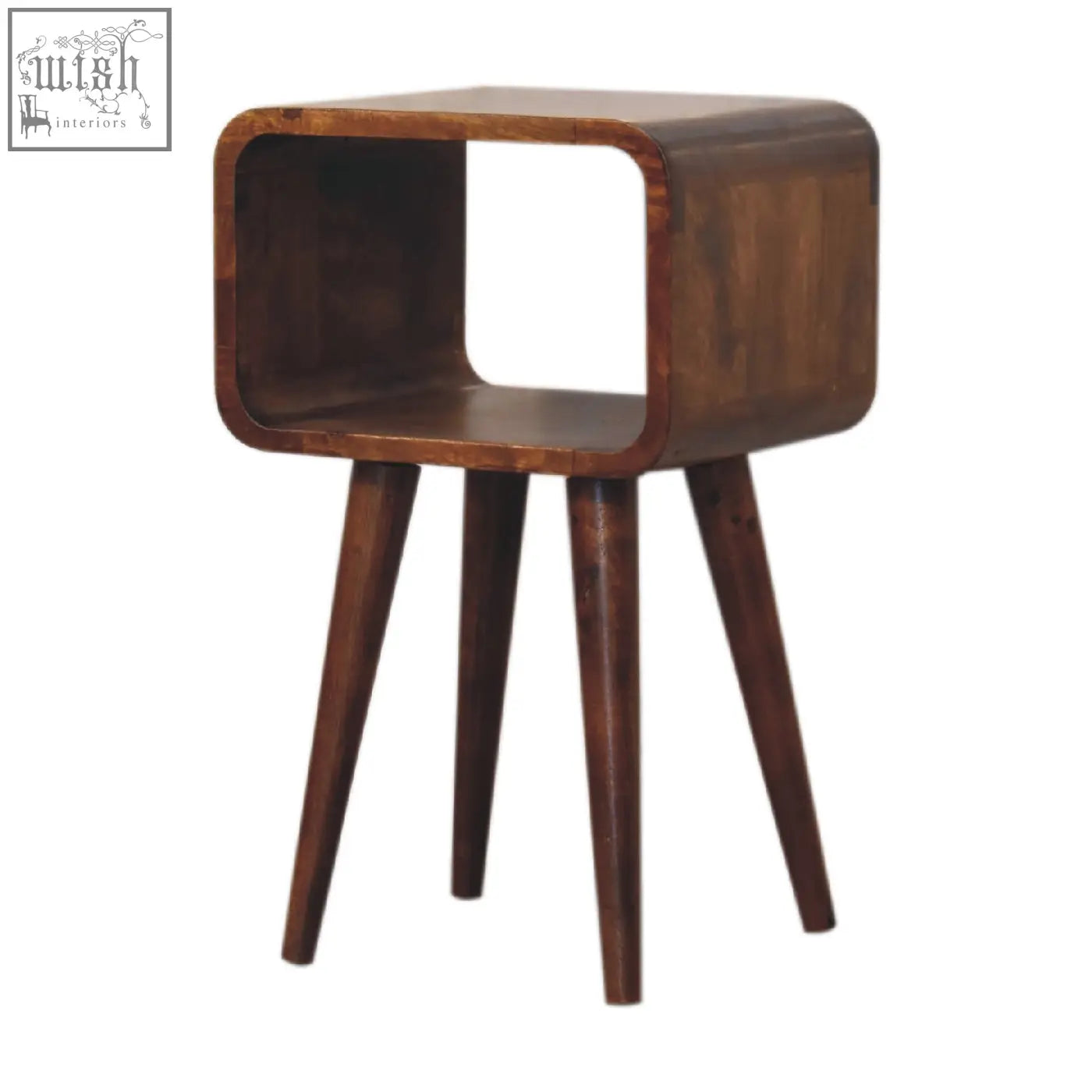 Mini chestnut curved open wooden bedside table with rich brown finish and sleek tapered legs for stylish storage