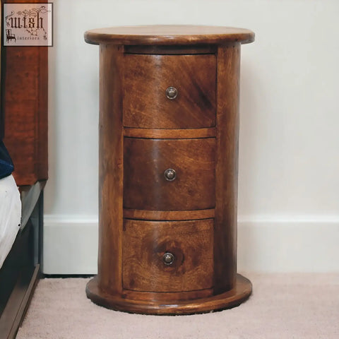 Mini chestnut drum storage bench made of solid mango wood with three drawers and dark brown wood grain finish