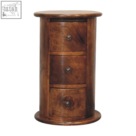 Mini chestnut drum storage bench made of solid mango wood with three drawers and round metallic knobs in warm brown finish
