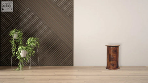 Mini chestnut drum storage bench made of solid mango wood with three drawers and a dark brown finish