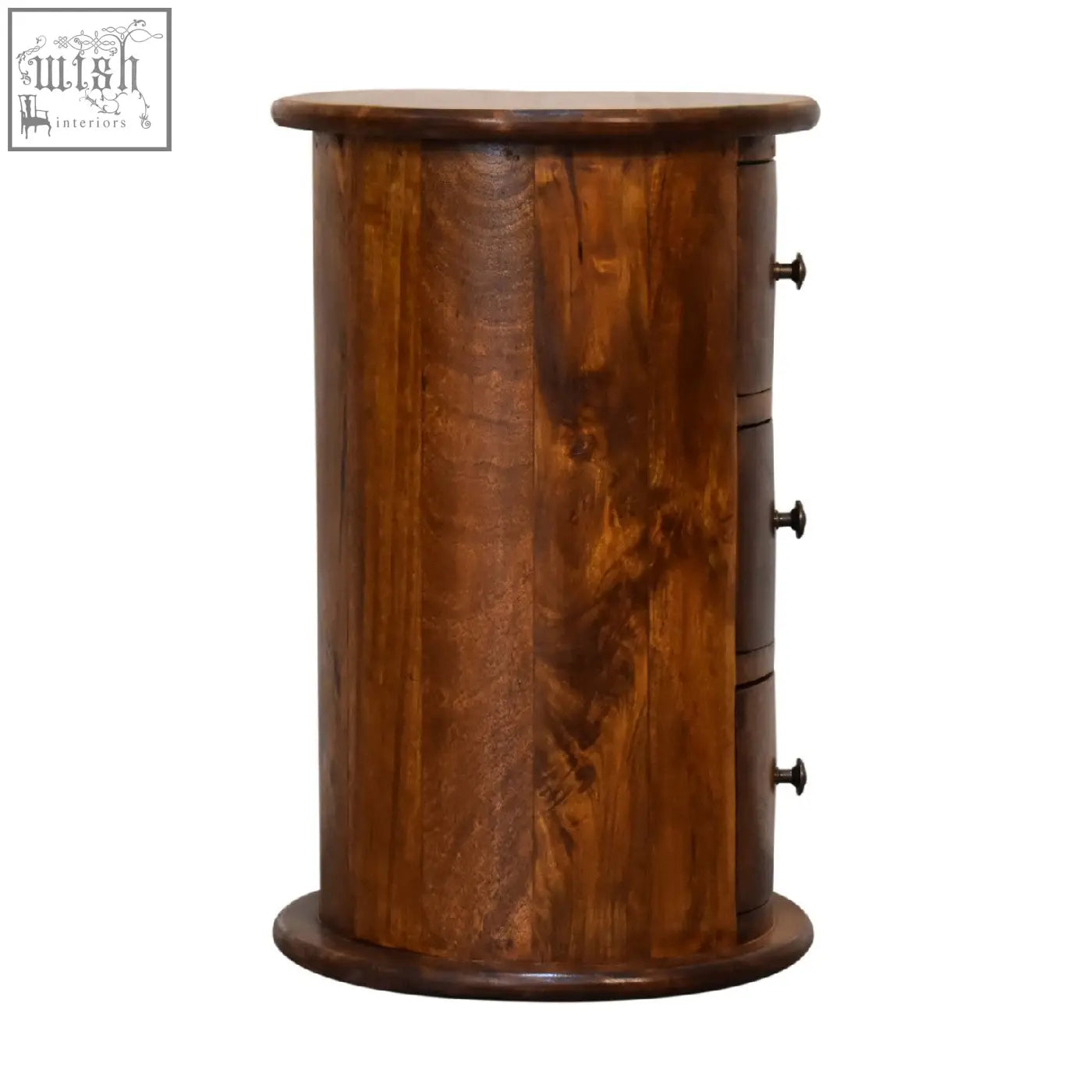 Mini chestnut drum storage bench in solid mango wood with rich brown finish and three drawers with black handles