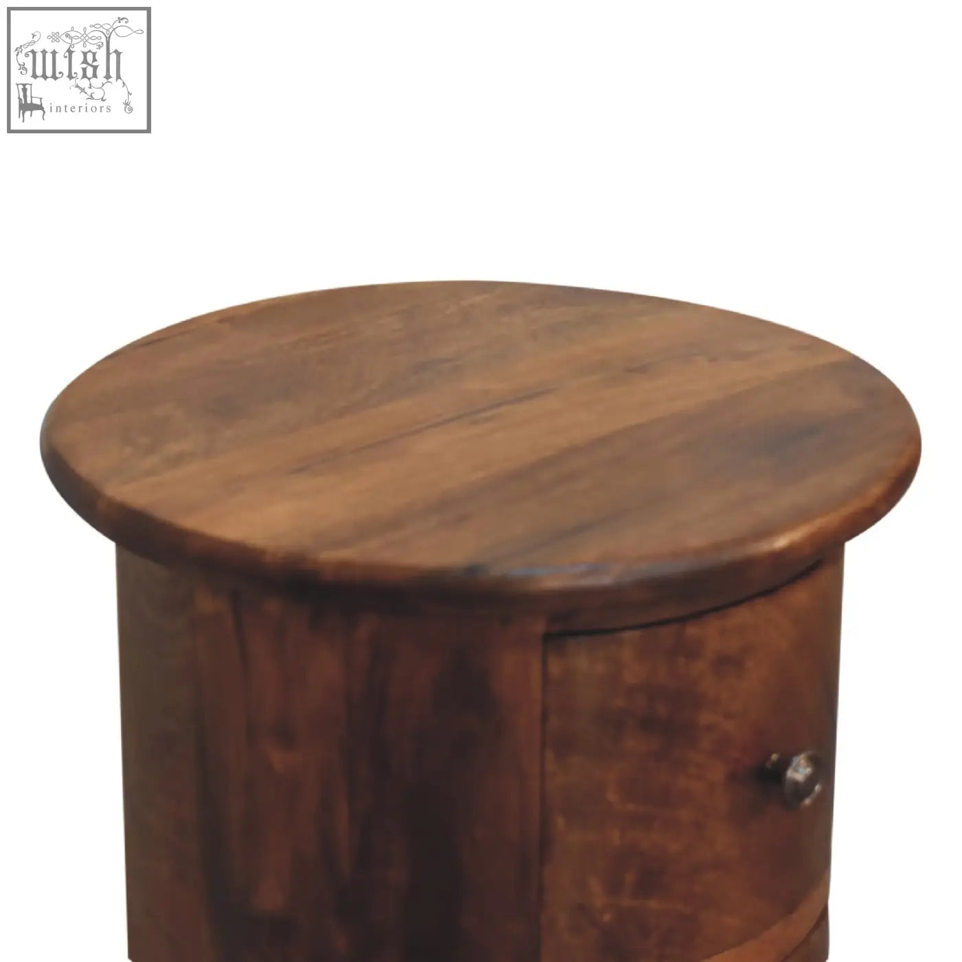 Mini chestnut drum storage bench with round wooden nightstand style, single drawer, silver knob, made of solid mango wood
