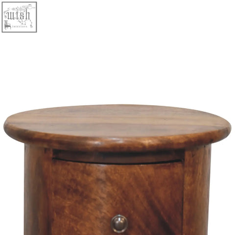 Mini chestnut drum storage bench in solid mango wood with a warm medium brown finish and visible grain patterns