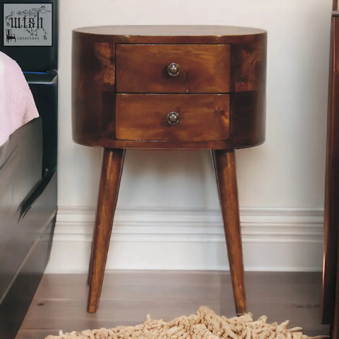Dark brown wooden mini chestnut rounded bedside table with two drawers and tapered legs for bedroom use