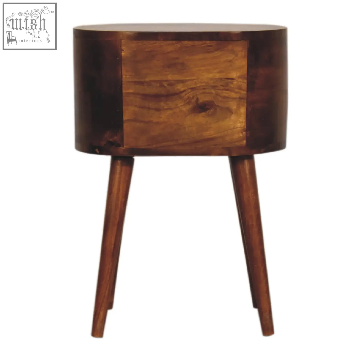 Dark wood mini chestnut rounded bedside table with single lighter wood drawer panel and tapered legs