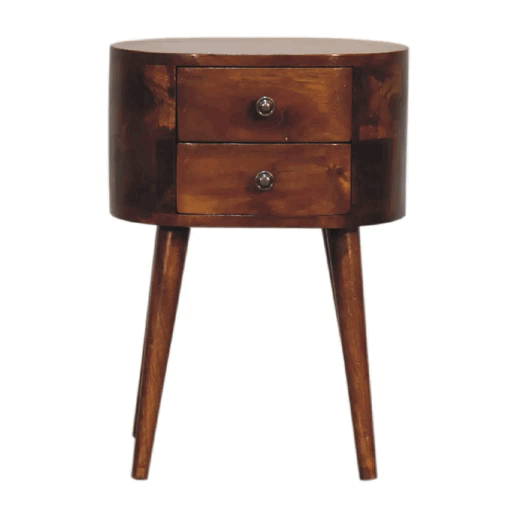 A sleek dark brown wooden mini chestnut rounded bedside table with two drawers and tapered legs