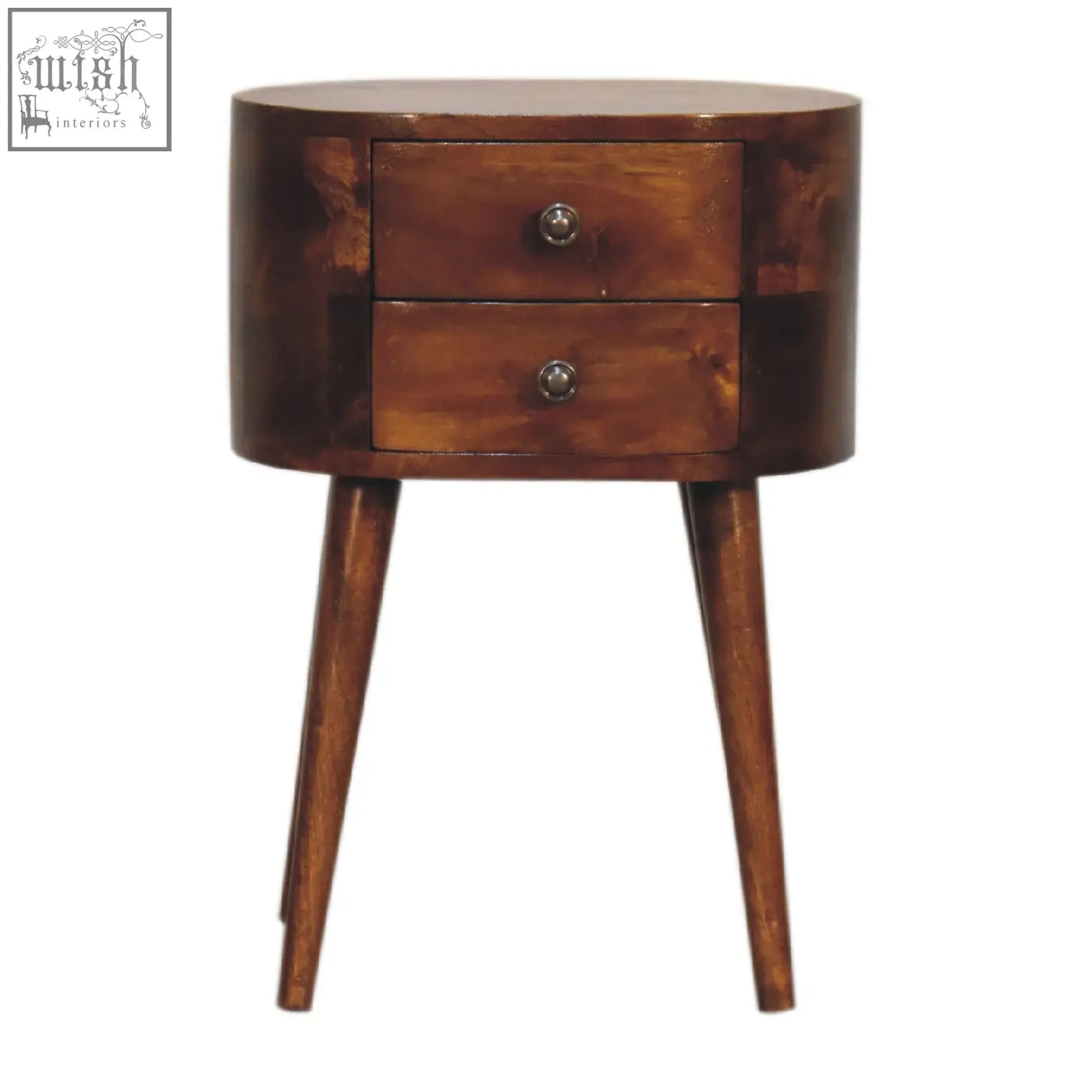 A sleek dark brown wooden mini chestnut rounded bedside table with two drawers and tapered legs