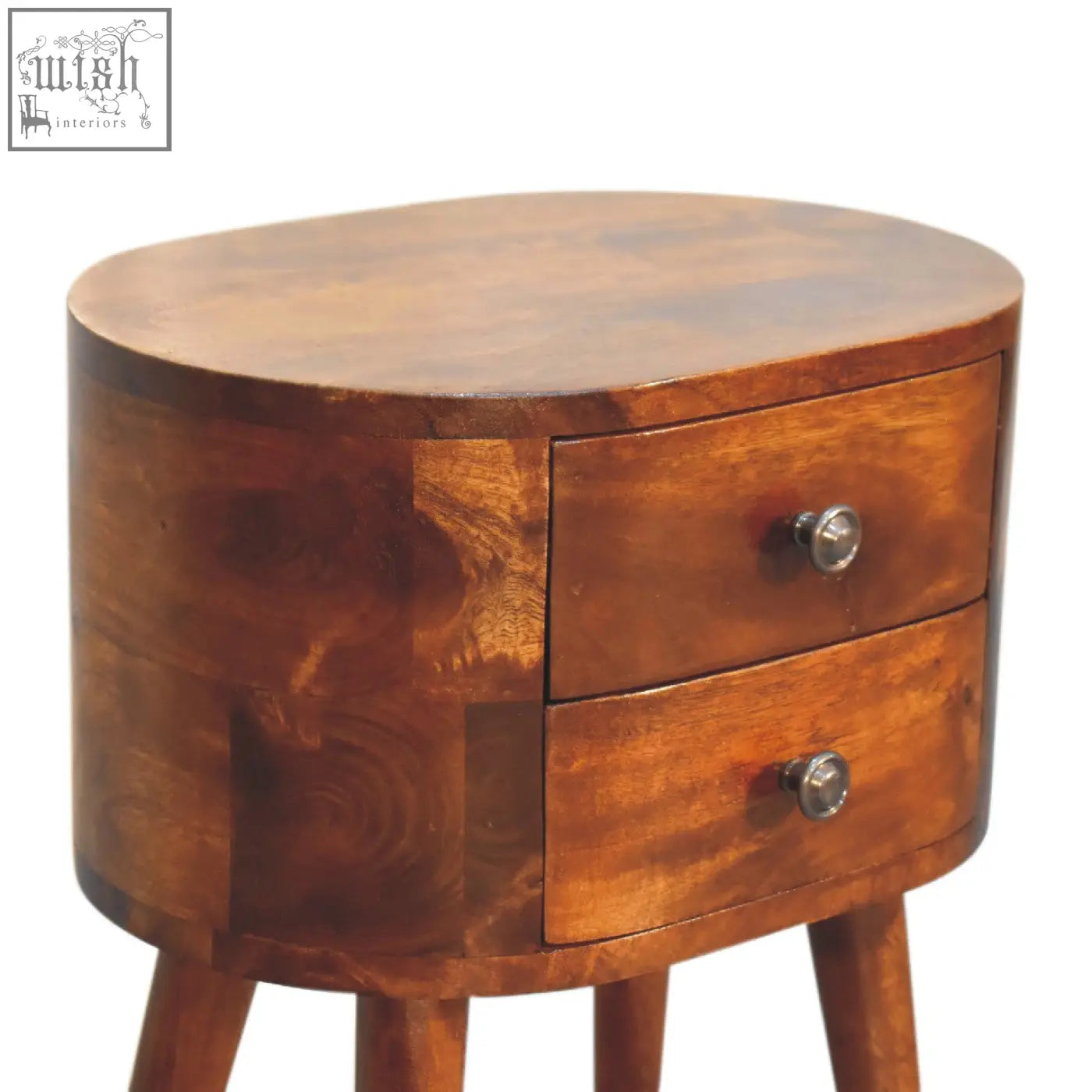 Warm-toned mini chestnut rounded bedside table with two drawers and silver knobs in wood finish