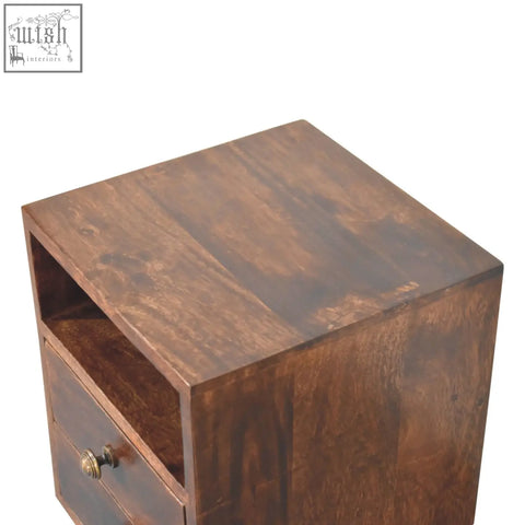 Dark brown solid mango wood nightstand with single drawer brass knob and open shelf mini classic bedside table