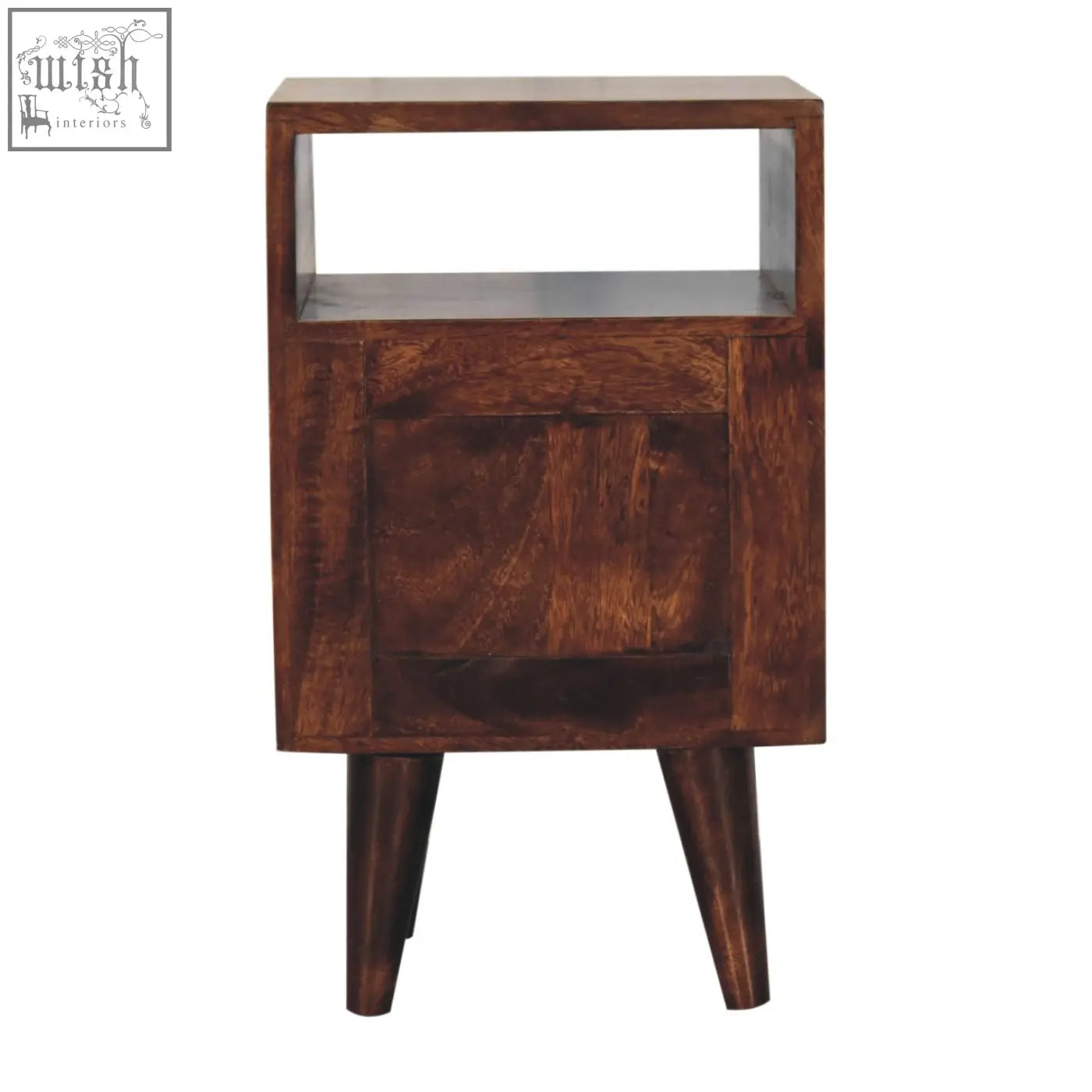 Dark brown solid mango wood nightstand with open shelf tapered legs and single door for bedroom use