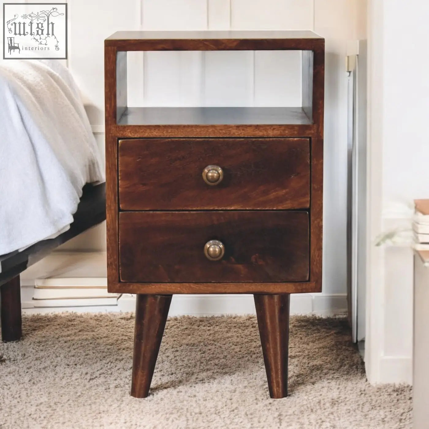Dark wood mini classic california walnut bedside table with two drawers brass knobs made of solid mango wood