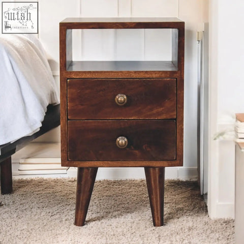 Dark wood mini classic california walnut bedside table with two drawers brass knobs made of solid mango wood