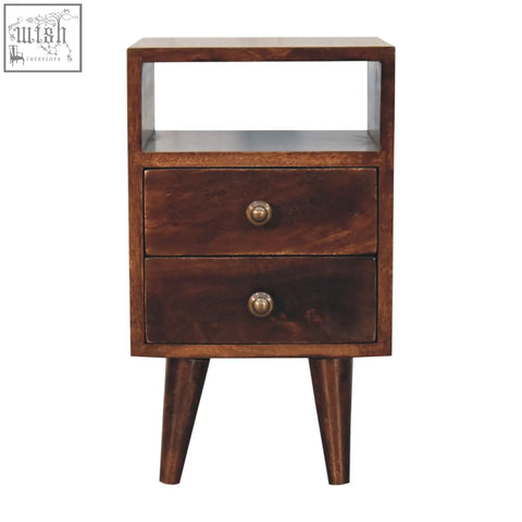 Dark brown mini classic california walnut bedside table with two drawers made of solid mango wood and brass accents