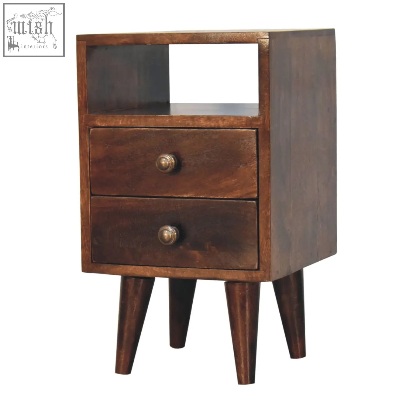 Dark brown mini classic california walnut bedside table with two drawers made from solid mango wood and brass accents