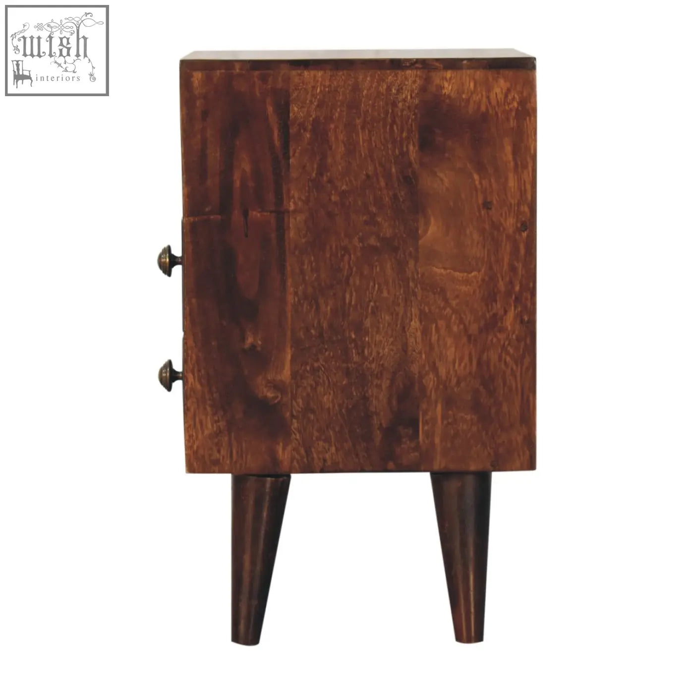 Dark brown wooden mini classic california walnut bedside table with two drawers made of solid mango wood
