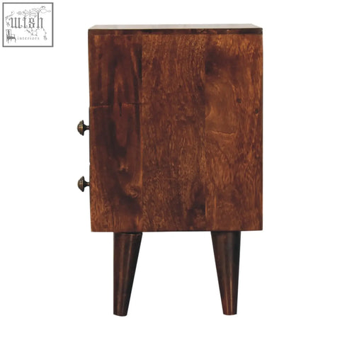 Dark brown wooden mini classic california walnut bedside table with two drawers made of solid mango wood