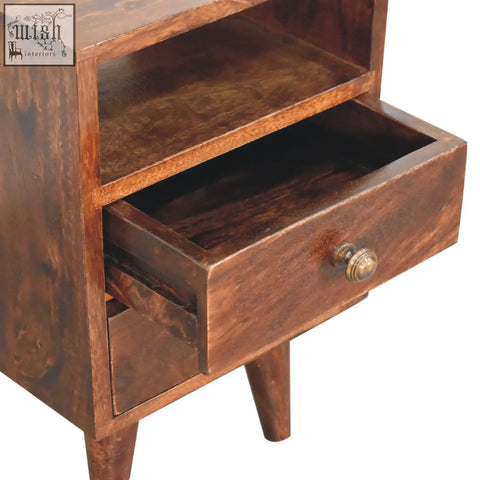 Dark brown mini classic california walnut bedside table with tapered legs and brass knob made of solid mango wood