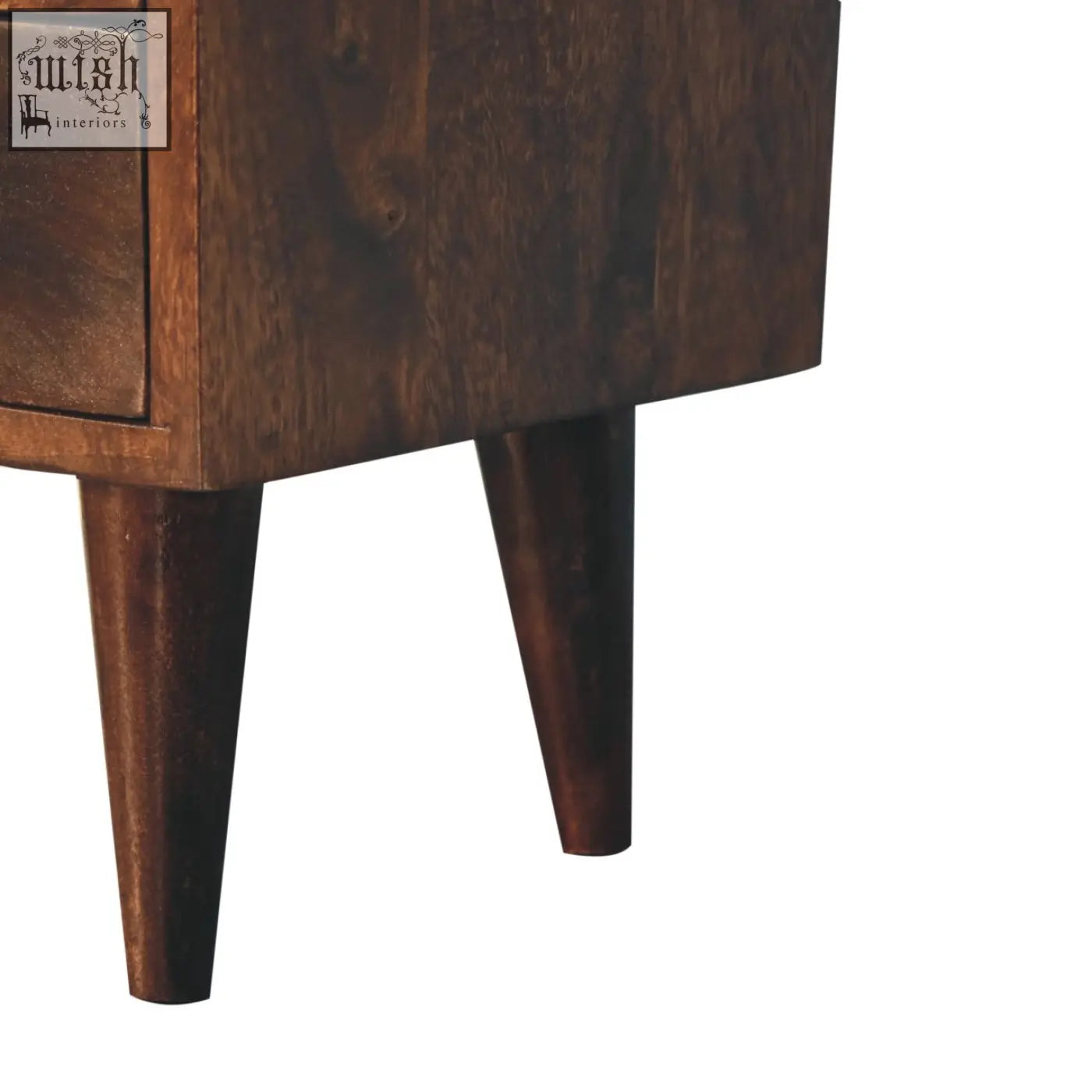 Dark brown mini classic california walnut bedside table with tapered legs made of solid mango wood with visible grain