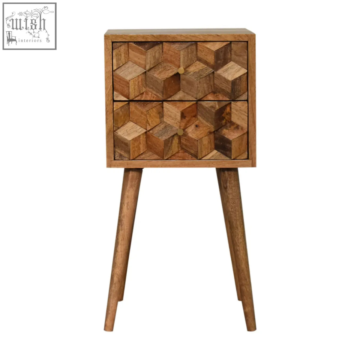 A rustic oak-ish mini cube carved 2-drawer bedside table made from solid mango wood with geometric cube drawer patterns