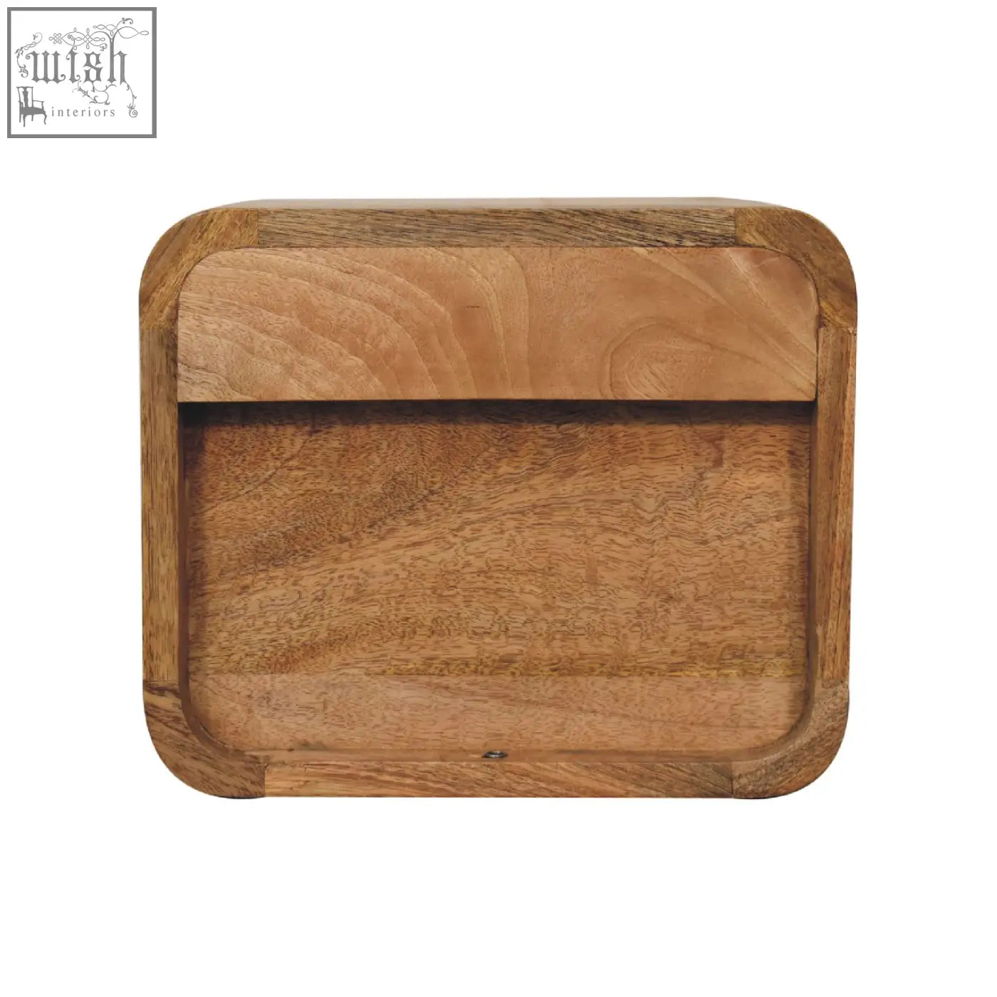 Mini curve floating bedside table with rectangular solid mango wood tray and natural wood grain finish