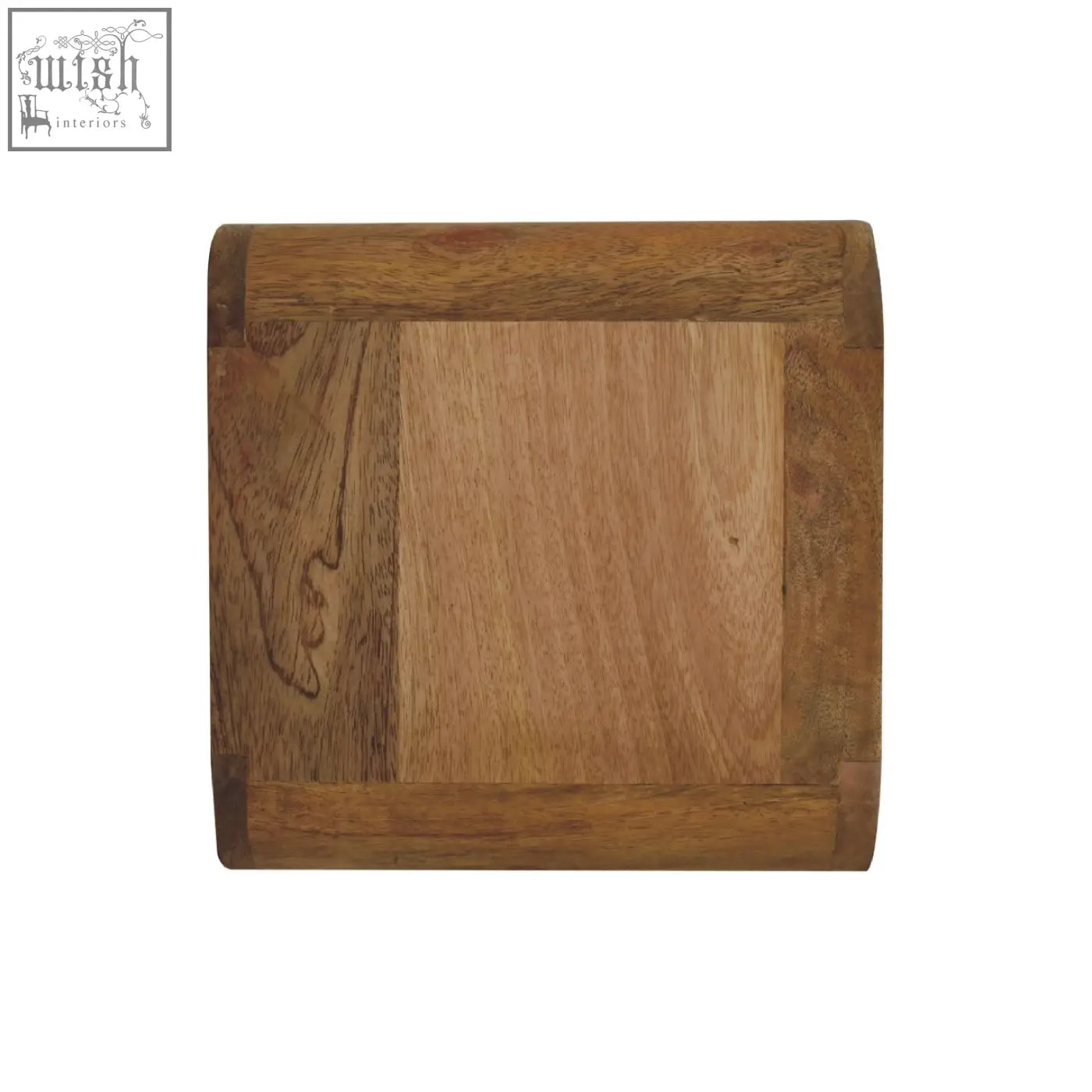 Mini curve floating bedside table with natural wood grain finish on a rectangular solid mango wood tray