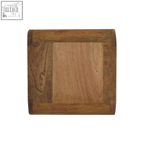 Mini curve floating bedside table with natural wood grain finish on a rectangular solid mango wood tray