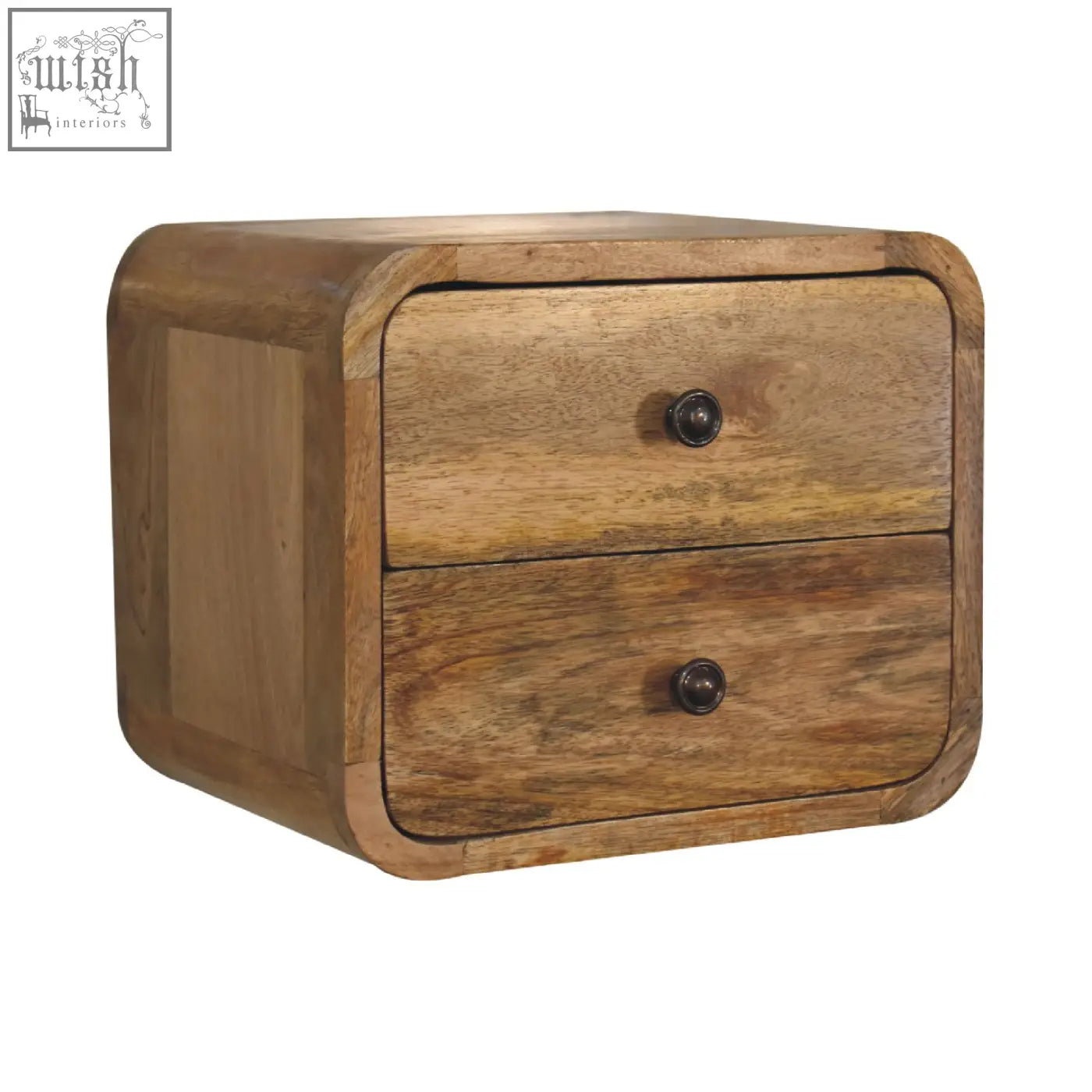 Rustic mini curve floating bedside table with two drawers made of solid mango wood in natural finish