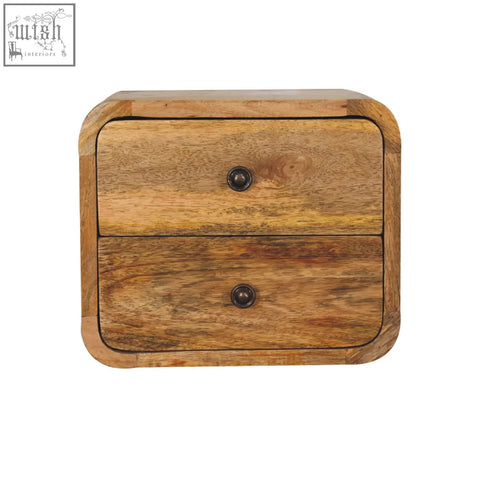Rustic mini curve floating bedside table with two drawers in solid mango wood and natural wood grain finish