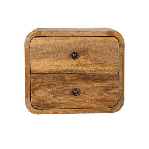 Mini curve floating bedside table in solid mango wood with two drawers and dark metal knobs in a rustic oak finish
