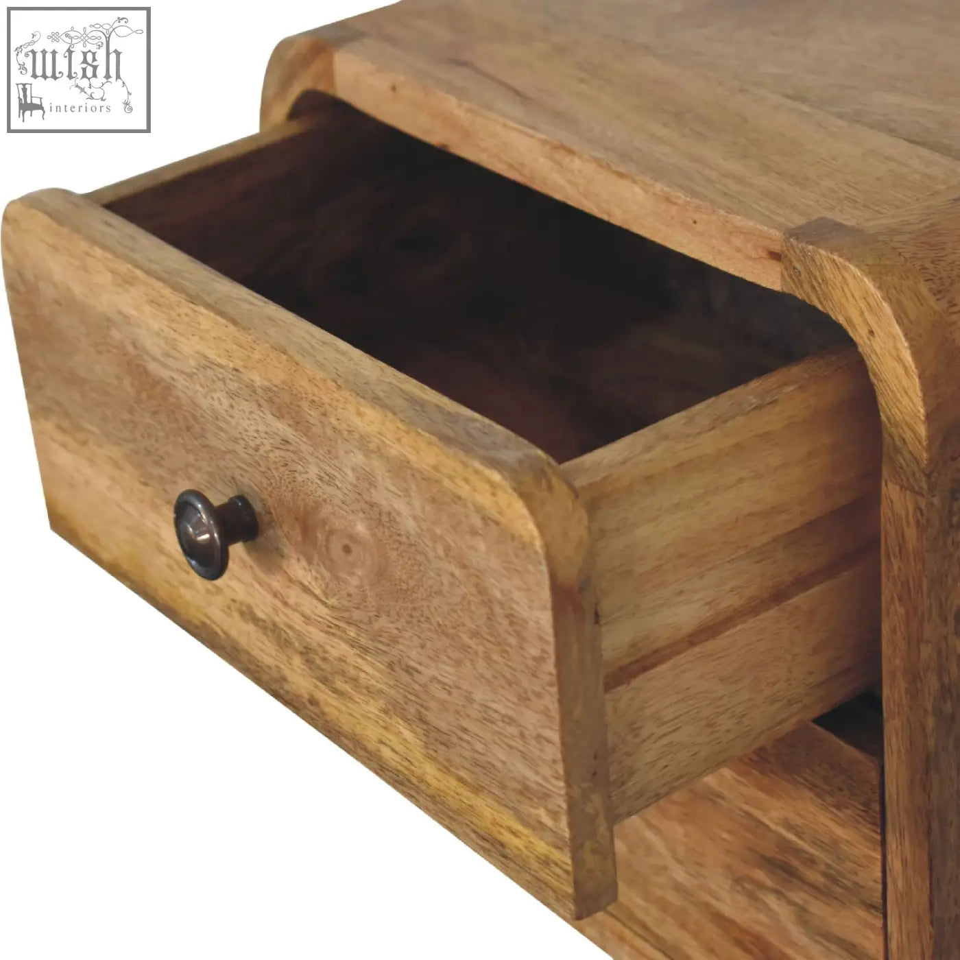 Mini curve floating bedside table in solid mango wood with natural grain and dark metal knob wall-mounted design