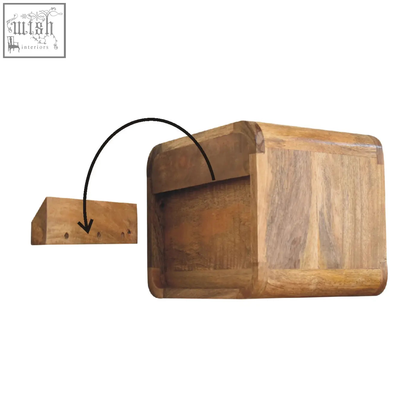 A rustic mini curve floating bedside table with natural solid mango wood finish and visible grain wall-mounted