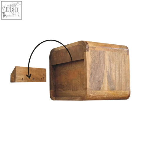 A rustic mini curve floating bedside table with natural solid mango wood finish and visible grain wall-mounted