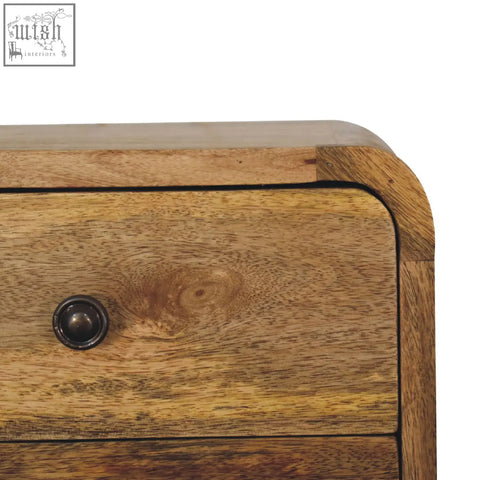 Mini curve floating bedside table with warm solid mango wood drawer and dark round metal knob in oak-ish tone