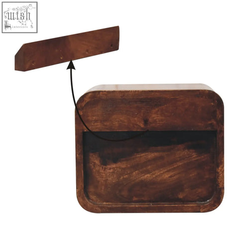 A mini curved california walnut wall mounted bedside table with a rich brown finish and visible wood grain