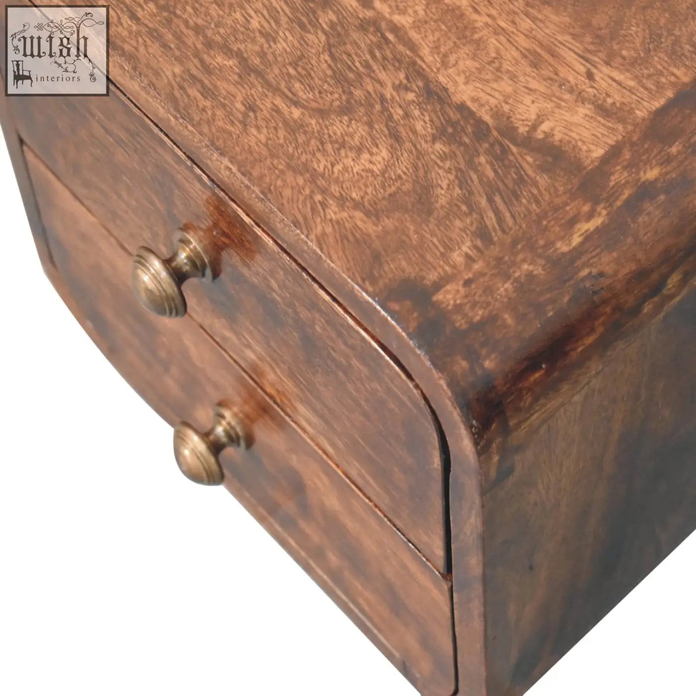 Mini curved california walnut wall mounted bedside table with antique style wooden chest and brass knob drawers