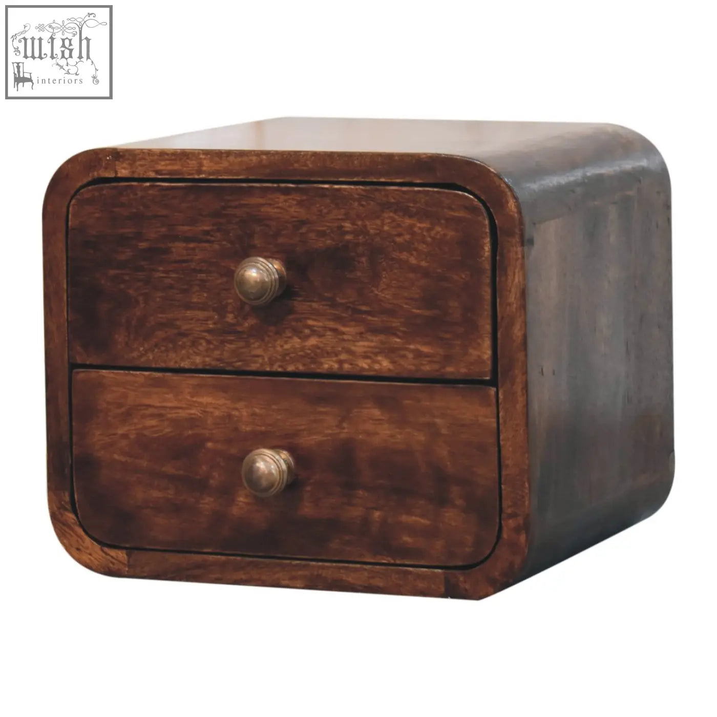 Dark brown california walnut wall mounted mini curved bedside table with two drawers and brass knobs