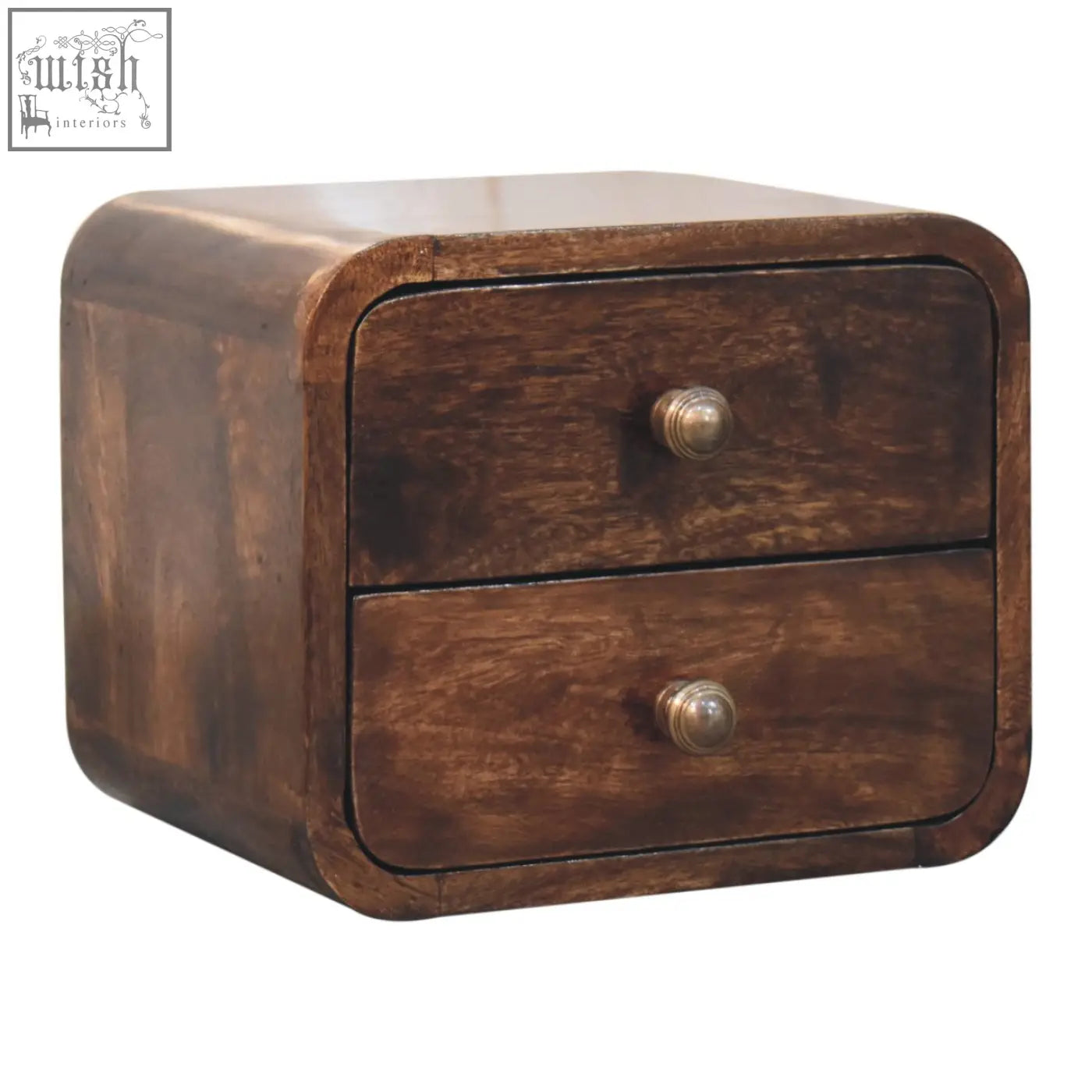 Dark brown california walnut wall mounted mini curved bedside table with two drawers and brass knobs